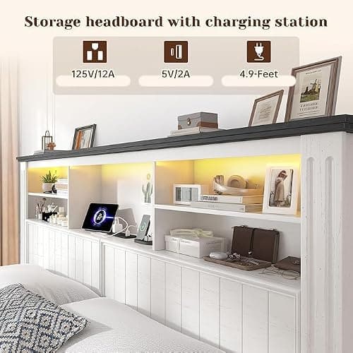 EnHomee King Size Bed Frame and Headboard & Storage, 4 Drawers and LED Built in Charging Station King Bed Frame with Storage Farmhouse,NO Noise,No Box Spring Needed,White thumbnail 4