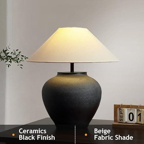 Farmhouse Table Lamps Black 18.8" Tall Ceramic Table Lamp Rustic Southwestern Clay Pot Ceramic Lampshade with Fabric Shade Bedside Nightstand for Living Room Bedroom House Office Entryway (Black) thumbnail 2