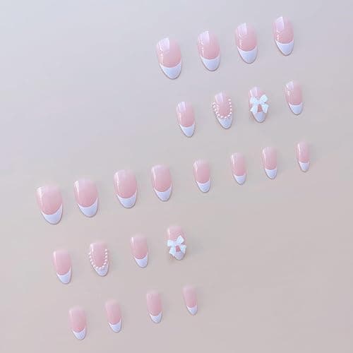 24 Pcs French Tip Press On Nails - Short Almond Bow Fake Nails with Pearl Designs - White French Tip False Nails - Reusable Artificial Nails for Women & Girls thumbnail 6