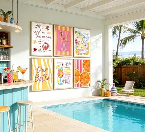 6Pcs Summer Coastal Poster Wall Art,Pink Orange Coastal Painting Picture Wall Decor,Amalfi Beach Canvas Print Artwork for Bathroom,Bedroom,Living Room,Beach House Home Decor,8x10 Inch Unframed thumbnail 6