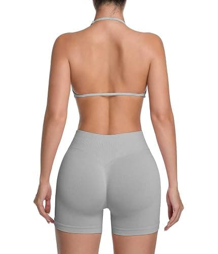 Comper 2 Piece Workout Sets for Women Halter Strappy Sports Bra with Seamless Ribbed Gym Yoga shorts Outfits thumbnail 2