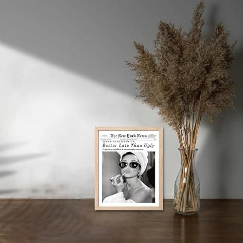 Bwodke OAK Wood Framed Wall Art Audrey Hepburn Newspaper Canvas Art Vintage Headline Pictures Wall Decor Better Late Than Ugly Prints Trendy Artwork for Girly Dorm Bedroom Bathroom 8"x10" thumbnail 2