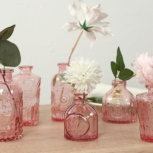 Efavormart Set of 6 Vintage Embossed Dusty Rose Glass Bud Vases, Decorative Apothecary Style Reed Diffuser Table Centerpieces thumbnail 3