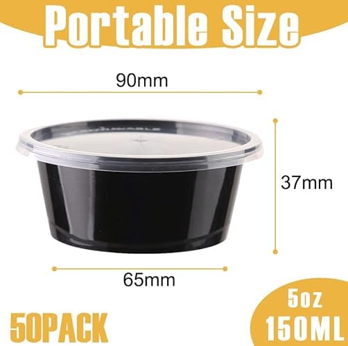 Jogoico 50Pcs Round Food Containers with Lids- 150ml (5oz) Plastic Sauce Pots Small Deli Pots, Meal Prep Takeaway Containers, Reusable Portion Cups for Sauce, Dips, Salad, Restaurants, Delivery thumbnail 3