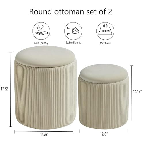 BLEXA Round Set of 2 Ottoman with Storage-Upholstered Velvet Vanity Stool for Makeup Multifunctional Ottomans Coffee Table Padded Seat Foot Rest for Living Room&Bedroom（White） - White - Engineered Wood thumbnail 3