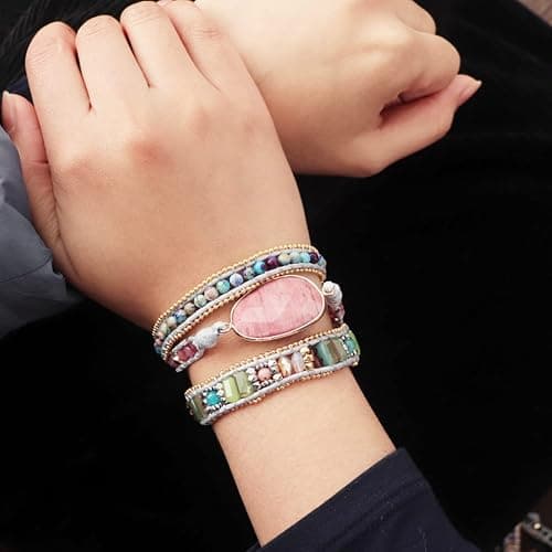 YGLINE Women Boho Handmade Natural Stone Crystal Leather Bead Wrap Bracelets Collection thumbnail 6