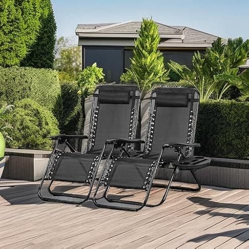 Nazhura Set of 2 Relaxing Recliners Patio Chairs Adjustable Steel Mesh Zero Gravity Lounge Chair Beach Chairs with Pillow and Cup Holder Black thumbnail 2