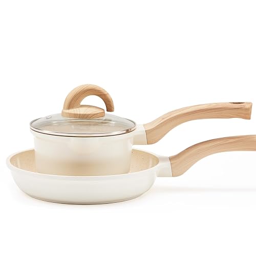 Vkoocy Non Stick Pots and Pans Set Ceramic Cookware Set with Granite Dot, 3pcs Kitchen Cooking Sets Frying Pan Saucepan, No PTFE, No PFAS, Bright Cream - Image 1