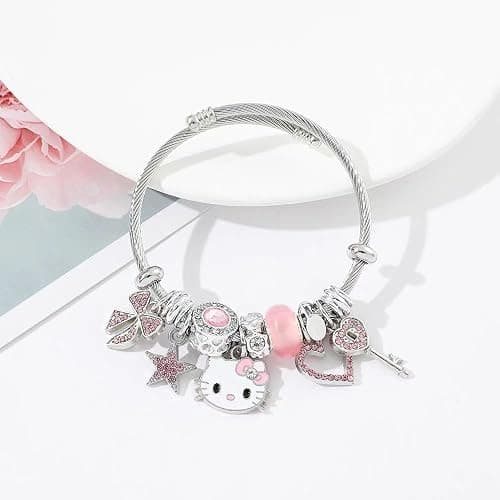 Cute Bracelets, Adjustable Stainless Steel Composite Bracelet Bangles, Classic Cartoon Design Jewelry, Gift for Her (Pink) thumbnail 5