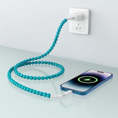 Stylish [Apple MFi Certified] Beaded Phone Charger Cable Metallic Colors USB Cable 2 in1 USB-C Charging Cord for Smartphones 3.3ft (Turquoise) thumbnail 4