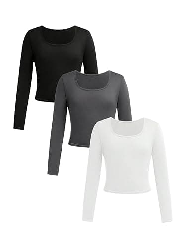 RoseSeek Girl's 3 Pack Long Sleeve T Shirt Square Neck Slim Fit Basic Tee Tops Soft Fall Tops - Image 1
