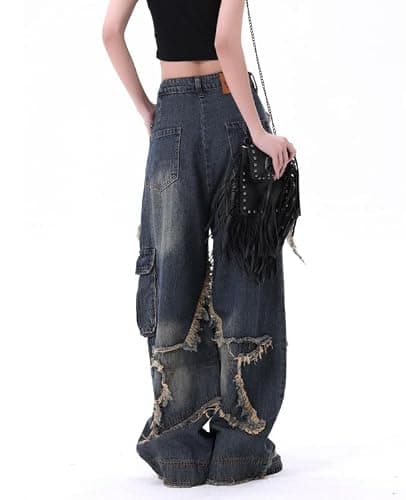 Hopecn Y2K Baggy Jeans Women&Men Star Patch Aesthetic High Waist Straight Leg Pants Vintage Fashion Grunge Streetwear. thumbnail 4