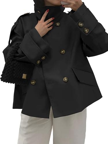 Tankaneo Womens Cropped Trench Coat Oversized Double Breasted Stand Collar Short Jacket Fall Casual Work Outerwear - Image 1