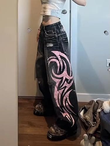 Xojbzoo Unisex Y2K Streetwear Baggy Jeans Retro Totem Print Goth Pants High Waisted Wide Leg Harajuku Hip-Hop Style thumbnail 2