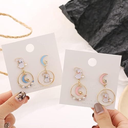 Asymmetric Rabbit Star Moon Earrings,Cute Bunny Pearl Crystal Drop Earring for Women Party Jewelry Gifts thumbnail 8