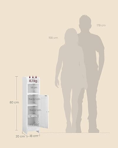 VASAGLE Meuble de Salle de Bain, Armoire d’Angle avec Porte et Étagères, Organisateur de Rangement, Meuble Étroit pour Papier Toilette, Étagères Réglables, 20 x 18 x 80 cm, Blanc Nuage BBC310W01 thumbnail 3