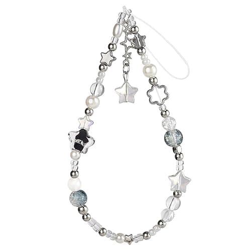 Silver Star Phone Chain Pearl Beaded Phones Charm Cute Cellphone Lanyard Wrist Strap for Key Cellphone Wristlet Phone Case Charms Beaded Keychain Wristlet Bag Charm for Handbag Keychain Accessories - Image 1