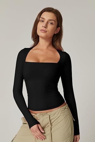 QINSEN Women's Sexy Square Neck Shirt Long Sleeve Double Lined Tees Fitted Going Out Tops thumbnail 6