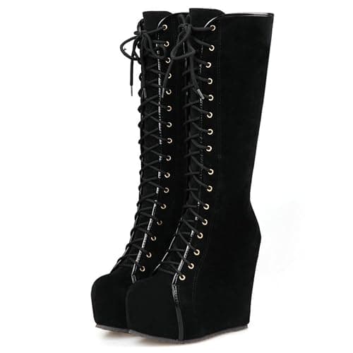 Parisuit Women's Knee High Goth Platform Boots Lace Up Combat Boots | Chunky High Heel, Buckle Boots, Punk Chain Boots thumbnail 5