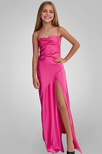 Topsta Junior Bridesmaid Dresses for Teen Girls Satin Flower Girl Dress Spaghetti Strap Girls Formal Dress with Slit - Image 1