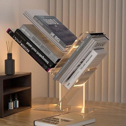 YiXinHo Small Bookshelf with Light, 3 Tier Acrylic Short and Petite Bookcase, Mini Tree Bookshelf for Compact Spaces/Desk/Living Room Decor/Bedroom/Apartment Decor/DVD Storage - Image 1