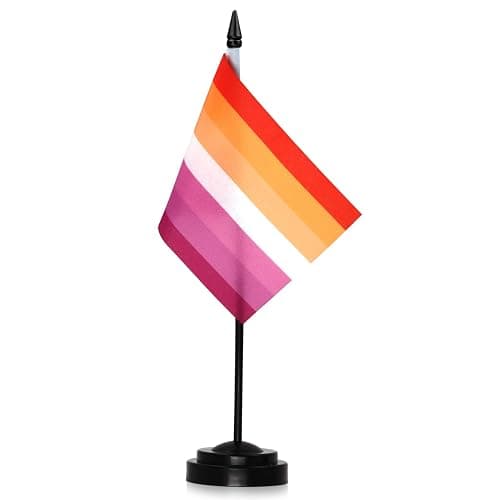Anley Sunset Lesbian Pride Deluxe Desk Flag Set - 6 x 4 Inch Miniature Desktop Flag with 12" Solid Pole - Vivid Color and Fade Resistant - Black Base and Spear Top - Image 1