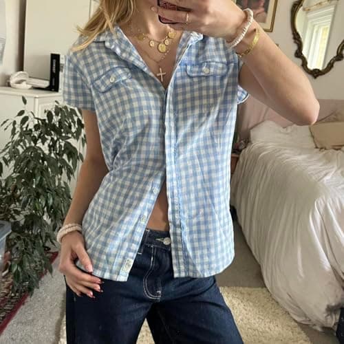 Women Y2k Button Up Shirt Cute E-Girls Short Sleeve V Neck Slim Fit Crop Top Fairy 90S Coquette Blouse S thumbnail 2