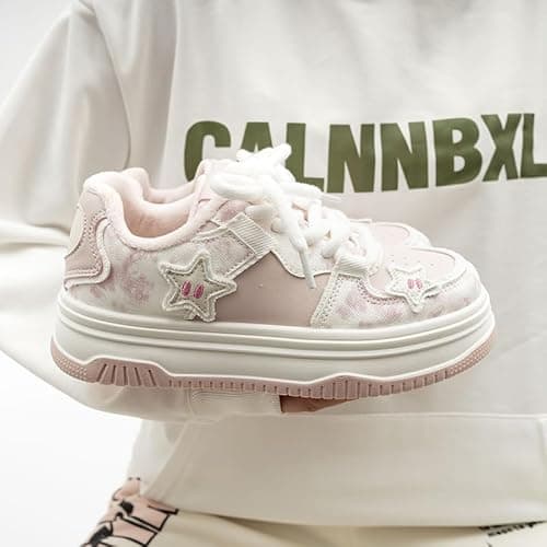 Star Shoes Walking Sneakers for Women Pink Fuzzy Lined Platform Low Top Round Toe Sneakers with Cute Plush Pink Stars US5.5-8 thumbnail 3