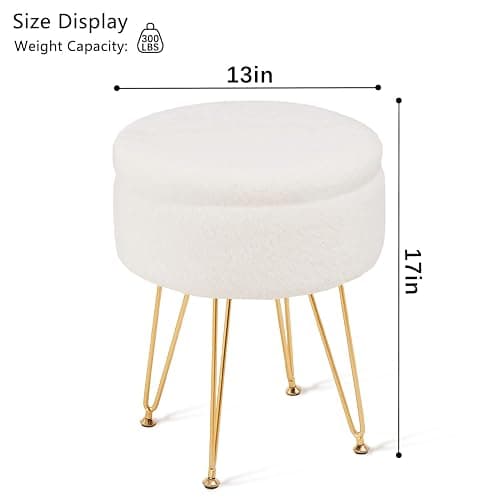 Cplxroc Footrest Footstools Round Faux Fur Ottoman with Storage Space Soft Vanity Chair Seat Coffee Table Ottoman Small Side Table Metal Legs with Adjustable Footings (Cream) thumbnail 2