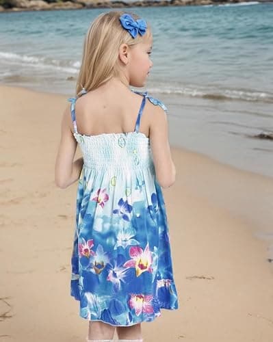 Flenwgo Girls Bohemian Dresses Floral Sleeveless Rainbow Beach Sundress with Necklace 2-12T - 3-4T - Blue thumbnail 3