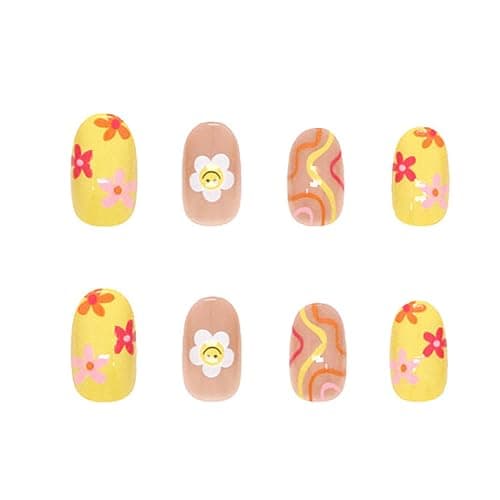 24 Pcs Flower Press on Nails Short, Almond French Tips Fake Nails Short Glue on Nails, Sun Flower False Nails with Glue Stickers, Cute Medium Length Acrylic Nail for Women thumbnail 3