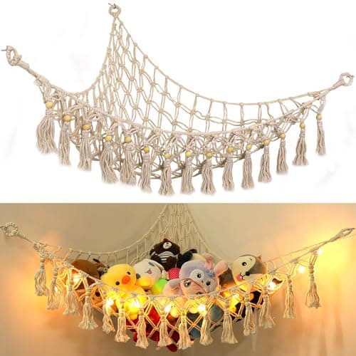 [Improved Quality] Stuffed Animal Net or Hammock with Lights - Storage Net Kids Storage Organizer for Toys - Corner Net for Stuffed Animals for Wall - Baby Toddler Room Organizers and Storage - Image 1