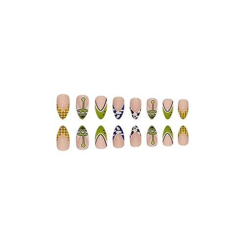 Halloween Press on Nails Almond Shape Fake Nails Green Acrylic Nails French Tip False Nails Clouds Cow Pattern Design Cute Stick on Nail Full Cover Glossy Glue on Nail for Women Manicure thumbnail 3