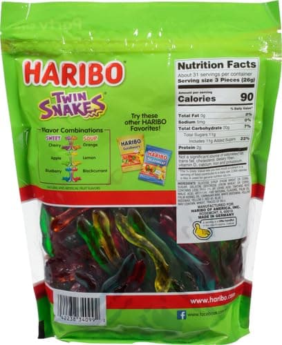 HARIBO Gummi Candy, Twin Snakes Sweet & Sour Gummy Candy, 28.8 Ounce Resealable Party Size Stand Up Bag, Soft & Chewy Snacks, Assorted Fruity Flavors (Pack of 2) thumbnail 2