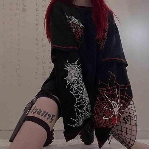 Women's Y2K Fake Two-Piece Design Casual Long Sleeved T-Shirt, Gothic Spider Web Pattern Slim Commuter top thumbnail 2