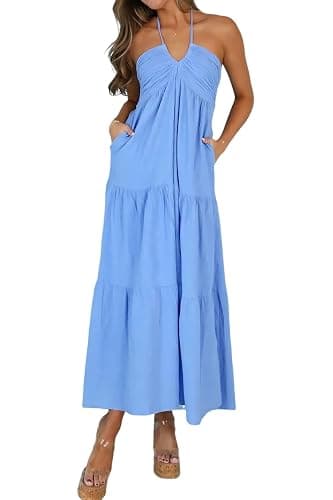 AmySister Women's Casual Halter Tiered Vacation Maxi Dress with Pockets - Image 1