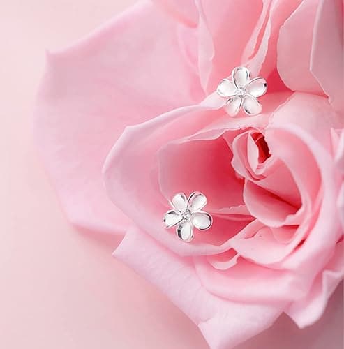 Reffeer Solid 925 Sterling Silver Plumeria Flower Stud Earrings for Women Teens Crystal Flower Stud Earrings - A-Silver thumbnail 4