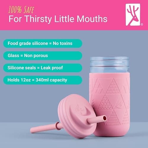 Elk and Friends Kids & Toddler Cups | The Original Glass Mason Jars 12 oz with Silicone Sleeves Straws Smoothie Spill Proof thumbnail 4