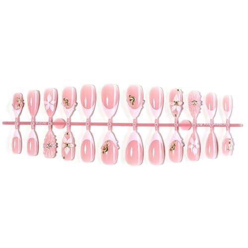24Pcs 3D Almond Press on Nails Medium White French Tip Fake Nails Gold Beads Shell Starfish Rhinestones Design Flower Glue on Nails Spring False Nails Handmade Acrylic Nails for Women Manicure thumbnail 5