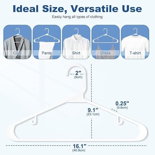 HOUSE DAY White Plastic Hangers 50 Pack, Plastic Clothes Hangers with Built-in Hooks, Durable and Strong Plastic Coat Hangers for Closet, Space Saving Clothing Hanger for Shirts, Coats, Skirt, Dress thumbnail 2