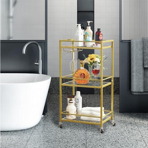 IBUYKE Home Bar Serving Cart,Small Bar Cart with 3-Tier Glass Shelf, Mobile Drink Shelf with Wine Holders and Glass Holders,Mini Bar for Outdoor, Small Space, Kitchen Gold TMJ519G thumbnail 8