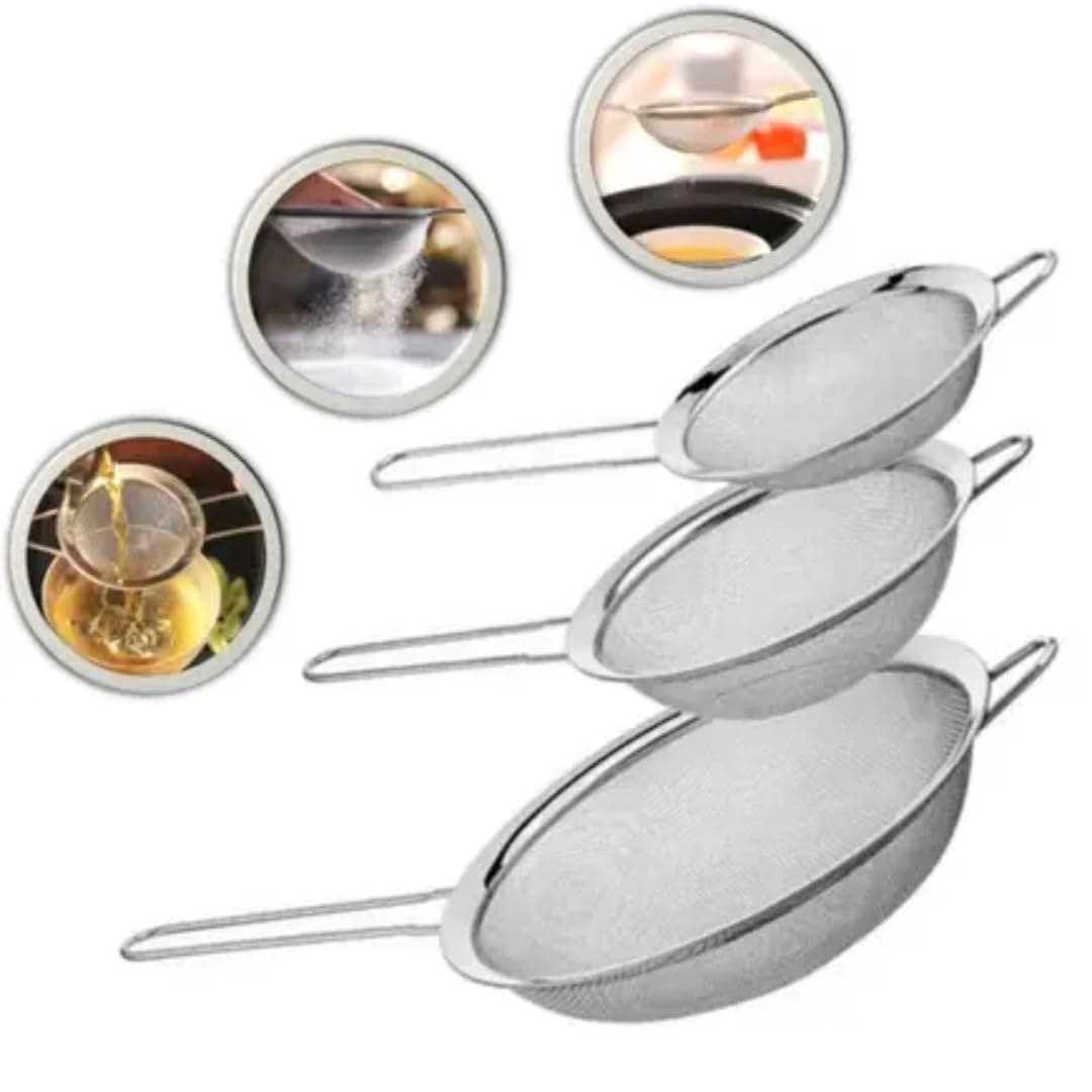 Kit Jogo Conjunto 3 Peneiras Coador Aço Inox 16,18,20cm - Vesátil, Durável, Fácil Manuseio, Suporte para Panela, Resitente a Temperatura - Image 1