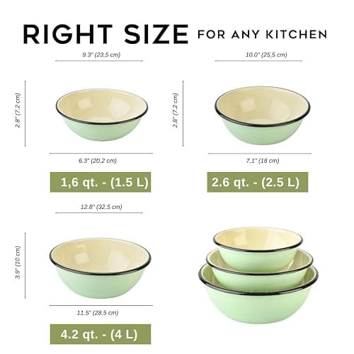 STP GOODS Enamel Bowl Set of 3 pcs Enamel Serving Bowls, Enameled Steel Mixing Bowls for Cooking Prepping, Kitchen Fruit Salad Bowl, Dishwasher Safe (Mint) thumbnail 2
