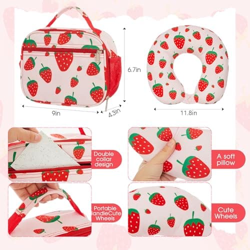 Redbaker 17 Inch 6 Pcs Kids Luggage Set Kids Rolling Luggage Double Pattern Suitcase for Boys Girls (Blush Pink, Strawberry Style) thumbnail 5
