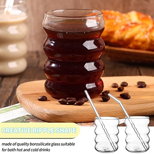 SevenMye 4 Pack Creative Beer Glasses Cups Ripple Shaped Vintage Clear Drinking Glasses with Straws Set Cute Drinking Glasses Coffee Glasses Ribbed Glassware Aesthetic Cups for Kitchen Juice Beverage thumbnail 4