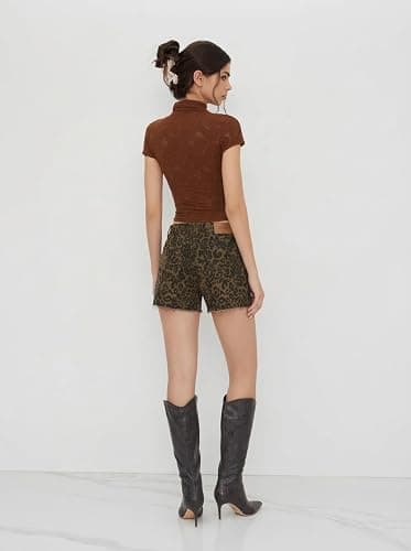 CIDER Women's Leopard Print Denim Shorts High Waisted Frayed Hem Casual Jean Shorts with Pockets thumbnail 4