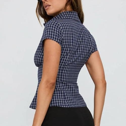 Women Y2k Short Sleeve Button Up Shirt Lapel Collar V Neck Plaid Open Front Blouse Basic Casual Going Out T-Shirt thumbnail 6