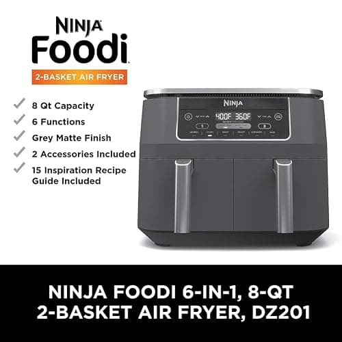 Ninja DZ201 Foodi 8 Quart 6-in-1 DualZone 2-Basket Air Fryer with 2 Independent Frying Baskets, Match Cook & Smart Finish to Roast, Broil, Dehydrate & More for Quick, Easy Meals, Grey - 8-QT thumbnail 10