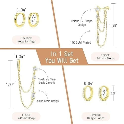 6PCS Earring Stacks Cartilage Chain Helix Piercing Sets For Women Flat Back Multiple Piercing Dangle Huggie Hoop Stackable Jewelry thumbnail 2