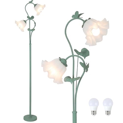 HMVPL Flower Floor Lamp for Living Room, Vintage Floor Lamp with 2 LED 5W Blubs, Foot Switch, Green Standing Lamp with Acrylic Shade, Unique Floral Tall Lamp for Living Room Bedroom Corner Office - Image 1